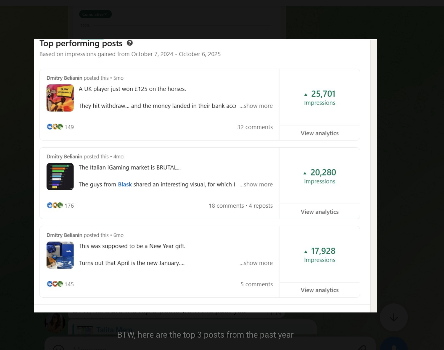 Top performing LinkedIn posts with up to 25,701 impressions